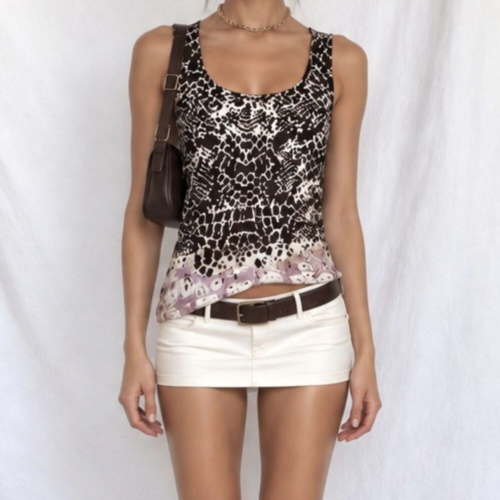 Vintage Y2K 90s Brown Pink Sleeveless Floral Print Scoop Neck Satin Tank Top S/M